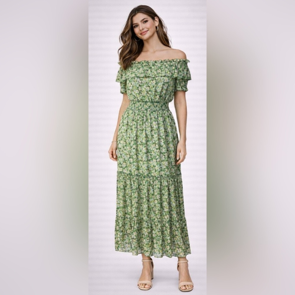 Lavender Brown Maxi Dress S Small Green Short Sleeve Smocked Washable NEW